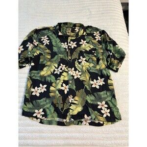 Montego Mon Hawaiian Shirt Men Large Grand Palms Luau Green/Beige 100% Silk EUC